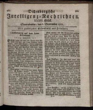 XXXVI. Stück. Sonnabends: den 6. September 1777.