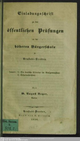 1849/50: Einladungsschrift zu den öffentlichen Prüfungen an der Höheren Bürgerschule zu Neustadt-Dresden