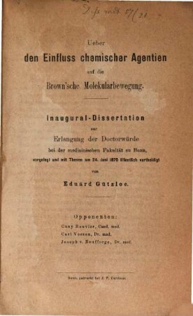 Ueber den Einfluss chemischer Agentien auf die Brown'sche Molekularbewegung : Inaugural-Dissertation