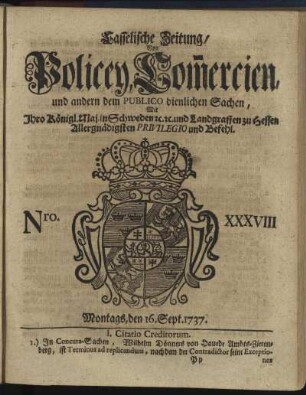Nro. XXXVIII, Montags, den 16. Sept. 1737