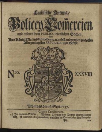 Nro. XXXVIII, Montags, den 16. Sept. 1737