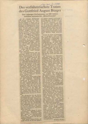[W192]: Kalenderblatt: Gottfried August Bürgers "Münchhausen" erschien vor 200 Jahren