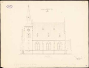 Evangelische Kirche, Modlau Wiederaufbau. 1. Projekt: Aufriss Nordseite 1:60, Maßstabsleisten (Meter und Fuß)