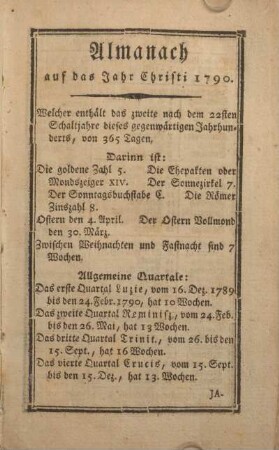 Almanach auf das Jahr Christi 1790.