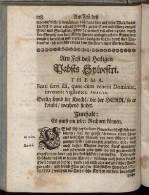 Am Fest deß Heiligen Pabsts Sylvestri.