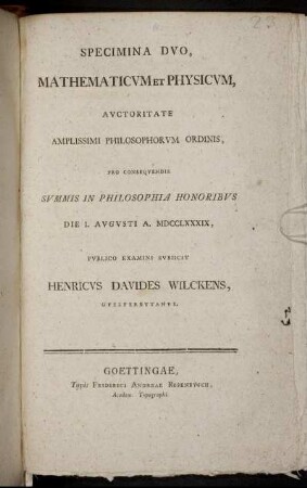 Specimina Duo, Mathematicum Et Physicum