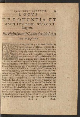 Locus De Potentia Et Amplitudine Turcici Imperii. Ex Historiarum Natalis Comitis Libro decimoseptimo.