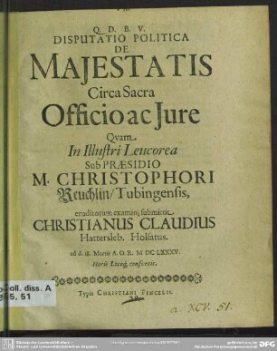 Disputatio politica de majestatis circa sacra officio ac jure