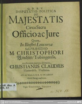 Disputatio politica de majestatis circa sacra officio ac jure