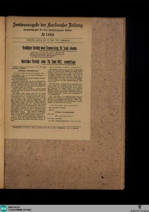 Karlsruher Zeitung, Sonderausgabe No. 1192, Amtlicher Bericht vom Donnerstag, 28. Juni und 29. Juni 1917