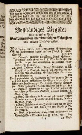 Vollständiges Register Aller in diesem Band Vorkommenden merckwürdigen Schrifften und andern Begebenheiten.