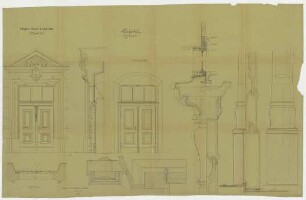 Thiersch, Friedrich von; München; Justizpalast - Westportal (Teilgrundriss, Ansichten, Schnitte)
