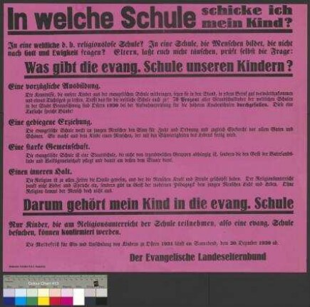 Werbeplakat des Evangelischen Landeselterbundes zum                                     Besuch einer evangelischen Schule
