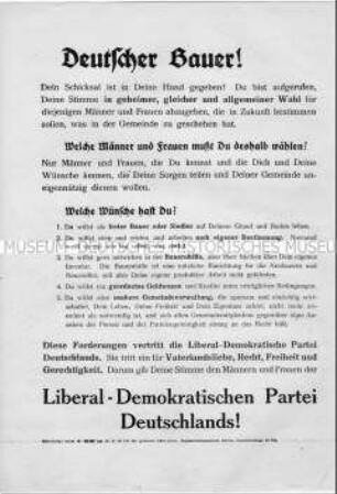 Aufruf der LDPD an die Landbevölkerung zur Gemeindewahl 1946 in der Sowjetischen Besatzungszone