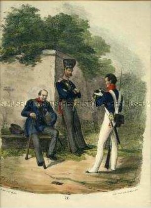 Uniformdarstellung, Invalide, Unteroffizier der Garnisons-Kompanie, Landwehrmann, Preußen 1830. Aus: Elzholz u.a.: Das Preussische Heer. Tafel 71.