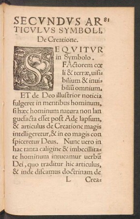 Secundus Articulus Symboli, De Creatione.