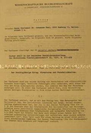Autorenvertrag der Wissenschaftlichen Buchgesellschaft mit Johannes Paul über einen Aufsatz; Darmstadt, 12. Dez. 1974