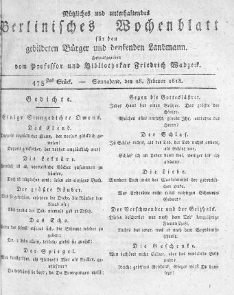 478stes Stück, Sonnabend den 28. Februar 1818