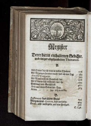 Register derer hierin enthaltenen Gedichte, und einiger abgehandelten Thematum