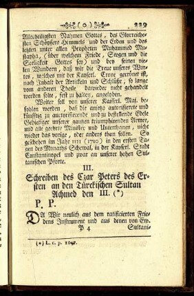 III. Schreiben des Czar Peters des Ersten an den Türckischen Sultan Achmed den III.