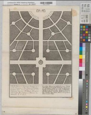 Ludwigsburg (Ludwigsburg) Baupläne des Schlosses Geometrischer Grundriß des... Residentz Schloß Ludwigsburg mit dem... Lust-Garten, auch Favoriten und Fasahnen Garten wie es... der... Hertzog zu Würtenberg Eberhard Ludwig durch... Obrist Lieutenant und Ober-Landbaudirectoren Donato Giosepe Frisoni haben erweitern lassen 1727 o.M. 35 x 50 Druck: Jer. Wolff
