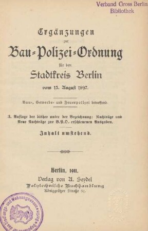 Verband Gross Berlin Bibliothek ; Deputation für das Siedlungs- und Wohnungswesen Berlin