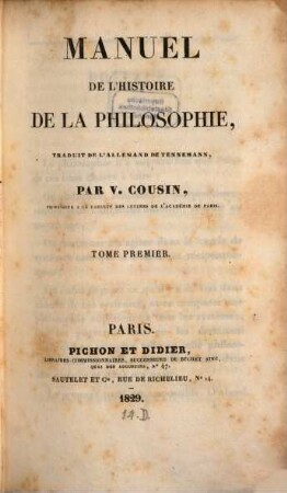 Manuel de l'histoire de la philosophie, 1