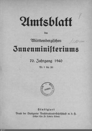 70.1940: Innenministerium, Amtsblatt 1940
