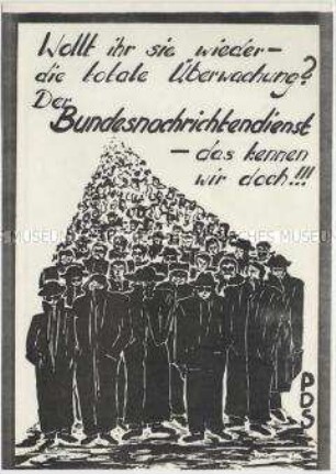 Illustriertes Flugblatt der Partei des Demokratischen Sozialismus (PDS) zur Volkskammerwahl 1990 mit einem Bezug auf die Überwachungstätigkeit des Bundesnachrichtendienstes