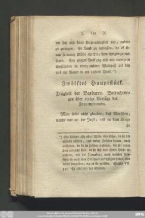 Zwölftes Hauptstück. Trägheit der Barbaren. Betrachtungen über einige Vorzüge des Frauenzimmers.