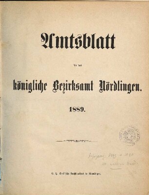 Amtsblatt für das Bezirksamt Nördlingen. 1889