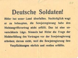 Sowjetisches Propagandaflugblatt "Deutsche Soldaten! Hitler hat unser Land überfallen...."