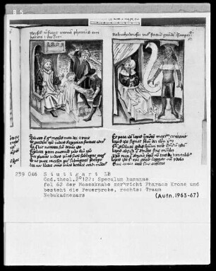 Zwei Schriften — Speculum humanae salvationis — Textseite mit zwei Miniaturen, Folio 62recto