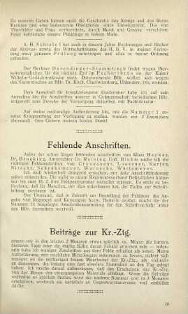 15 Fehlende Anschriften. Beiträge zur Kr.-Ztg.