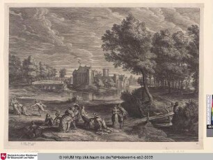 [Eine Gruppe von Menschen in einem Schlosspark, umgeben von Landschaft]