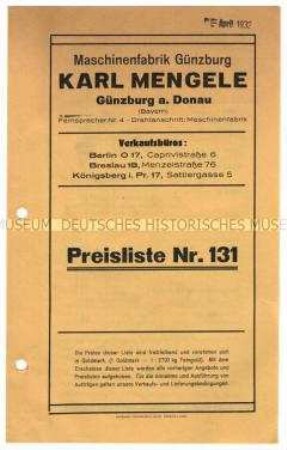 Preisliste über Dreschmaschinen