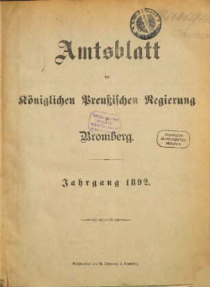 Amtsblatt der Königlichen Preußischen Regierung zu Bromberg. 1892