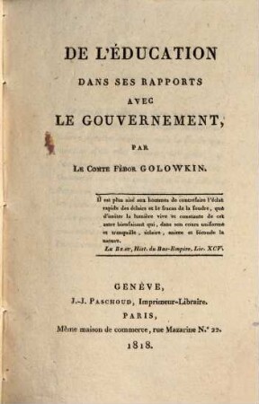 De l'Éducation dans ses rapports avec le Gouvernement