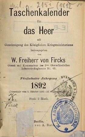 Taschen-Kalender für das Heer. 1892 = Jg. 15