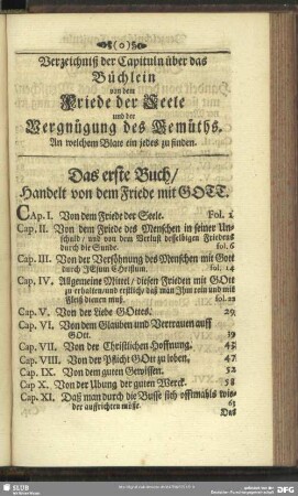 Verzeichniß der Capituln über das Büchlein von dem Friede der Seele und der Vergnügung des Gemüths