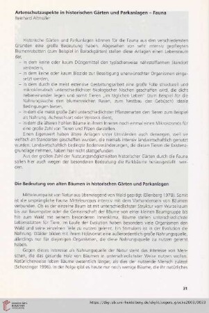 Artenschutzaspekte in historischen Gärten und Parkanlagen - Fauna