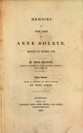 Memoirs of the Life of Anne Boleyn, Queen of Henry VIII