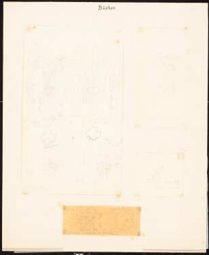 Kirche, Büchen: Vier Blätter: 1) Grundriss, 2) perspektivische Innenansicht, 3) Fenster Außenansicht, 4) Details Kapitelle mit Querschnitt (aus Quast Skizzenbuch)