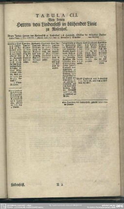 Tabula CLI. Von denen Herren von Lindenfelß in blühender Linie zu Rosenhof