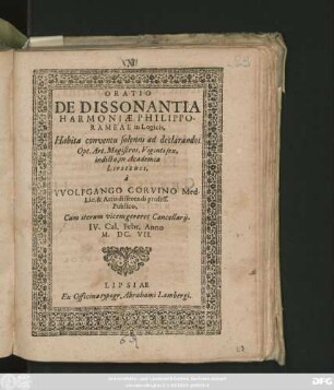 Oratio De Dissonantia Harmoniae Philippo-Rameae in Logicis : Habita conventu solenni ad declarandos Opt. Art. Magistros, Vigintisex, indicto, in Academia Lipsiensi