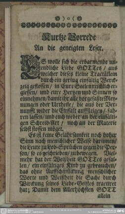 Kurtze Vorrede An die geneigten Leser