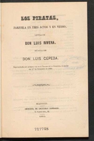 Los piratas : zarzuela en tres actos y en verso