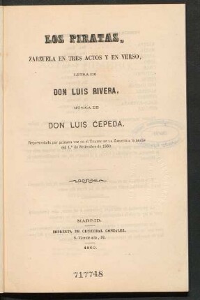 Los piratas : zarzuela en tres actos y en verso