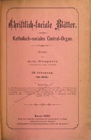 Christlich-sociale Blätter : katholisch-sociales Central-Organ. 15. 1882