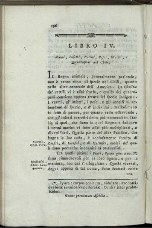 Libro IV. Vermi, Insetti, Rettili, Pesci, Uccelli, e Quadrupedi del Chili.